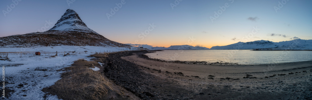 Panorama of Kirkjufell at sunrise