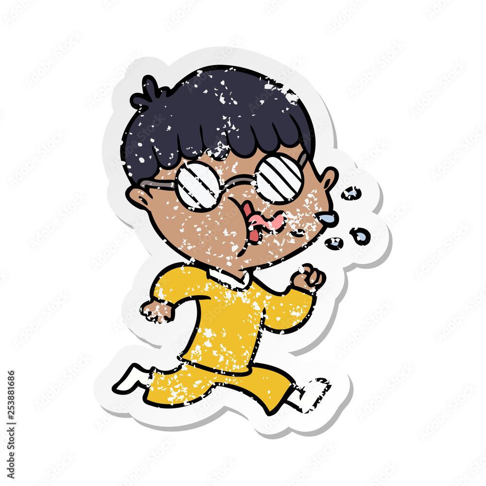 distressed sticker of a cartoon boy wearing spectacles and running distressed sticker of a cartoon boy wearing spectacles and running