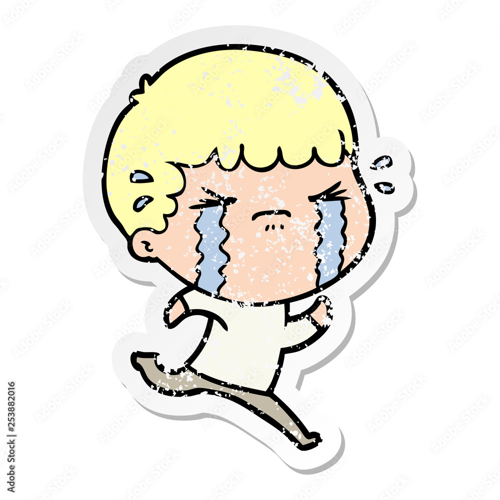 distressed sticker of a cartoon man crying