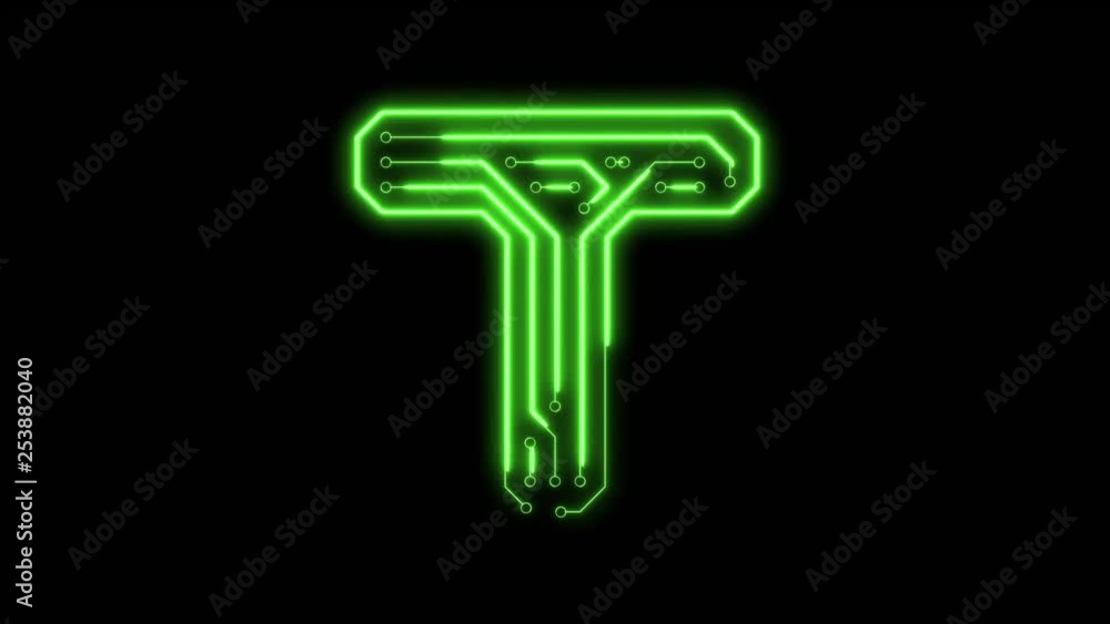 Animated green neon glowing alphabet letter T as circuit board style Animated green neon glowing alphabet letter T as circuit board style