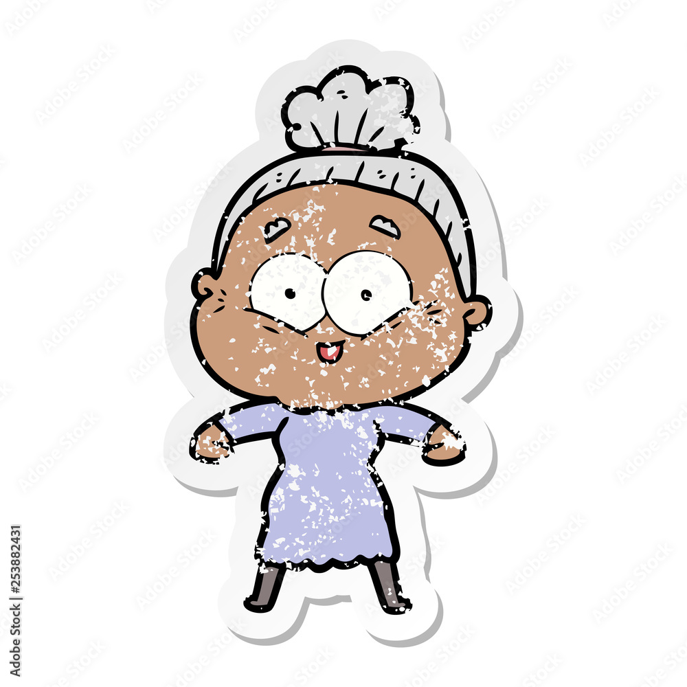 distressed sticker of a cartoon happy old woman distressed sticker of a cartoon happy old woman
