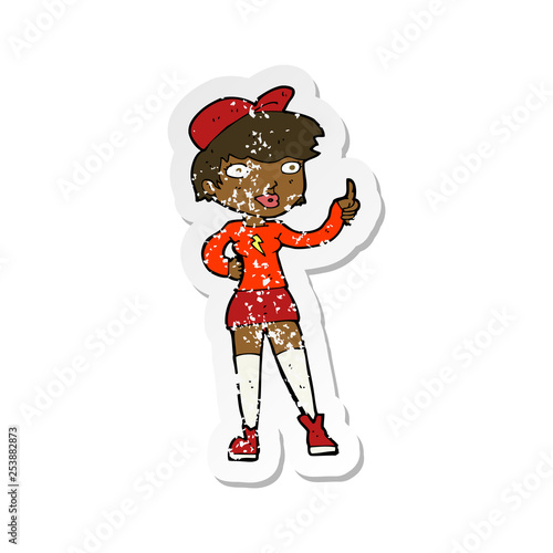 retro distressed sticker of a cartoon skater girl giving thumbs up symbol