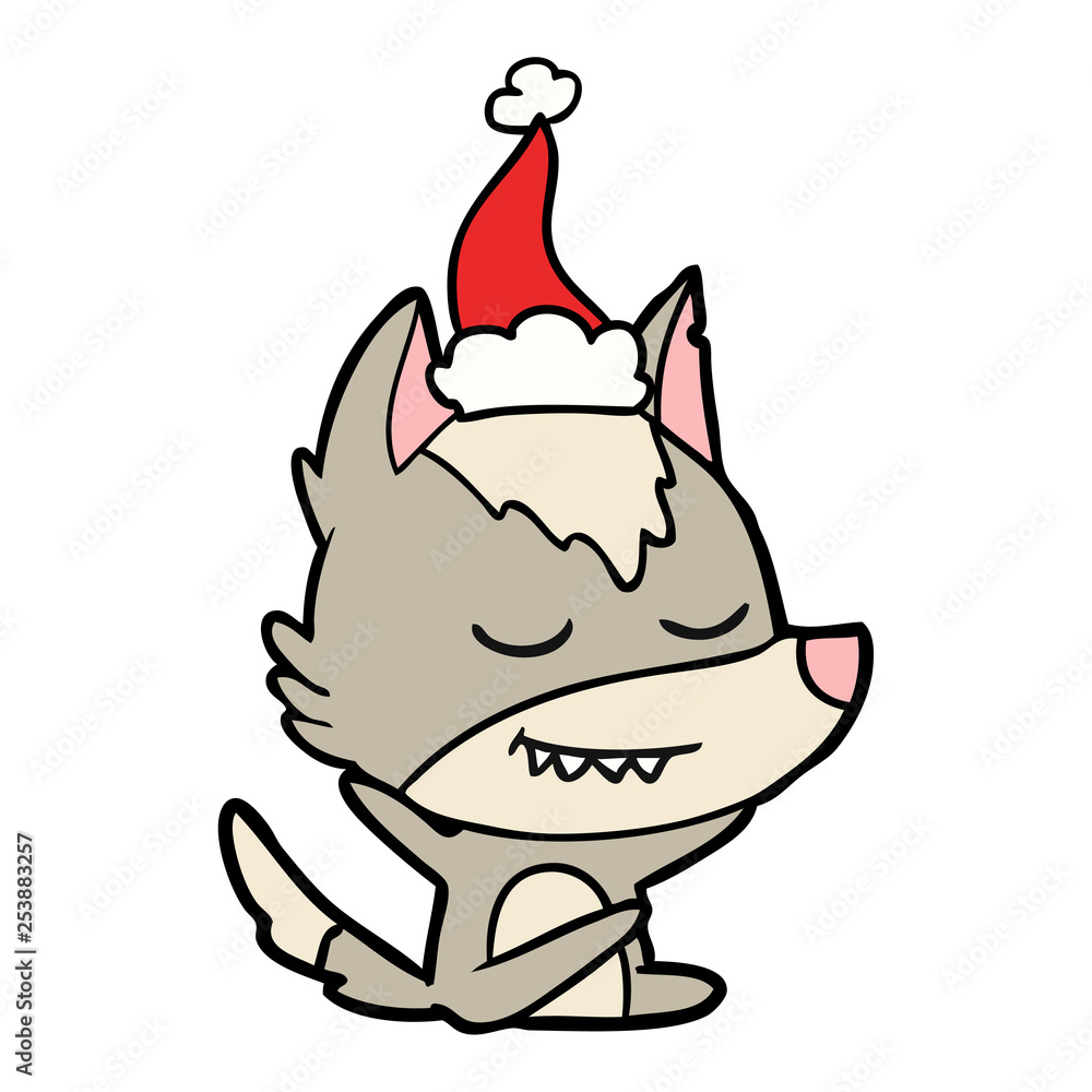 friendly line drawing of a wolf sitting wearing santa hat friendly line drawing of a wolf sitting wearing santa hat