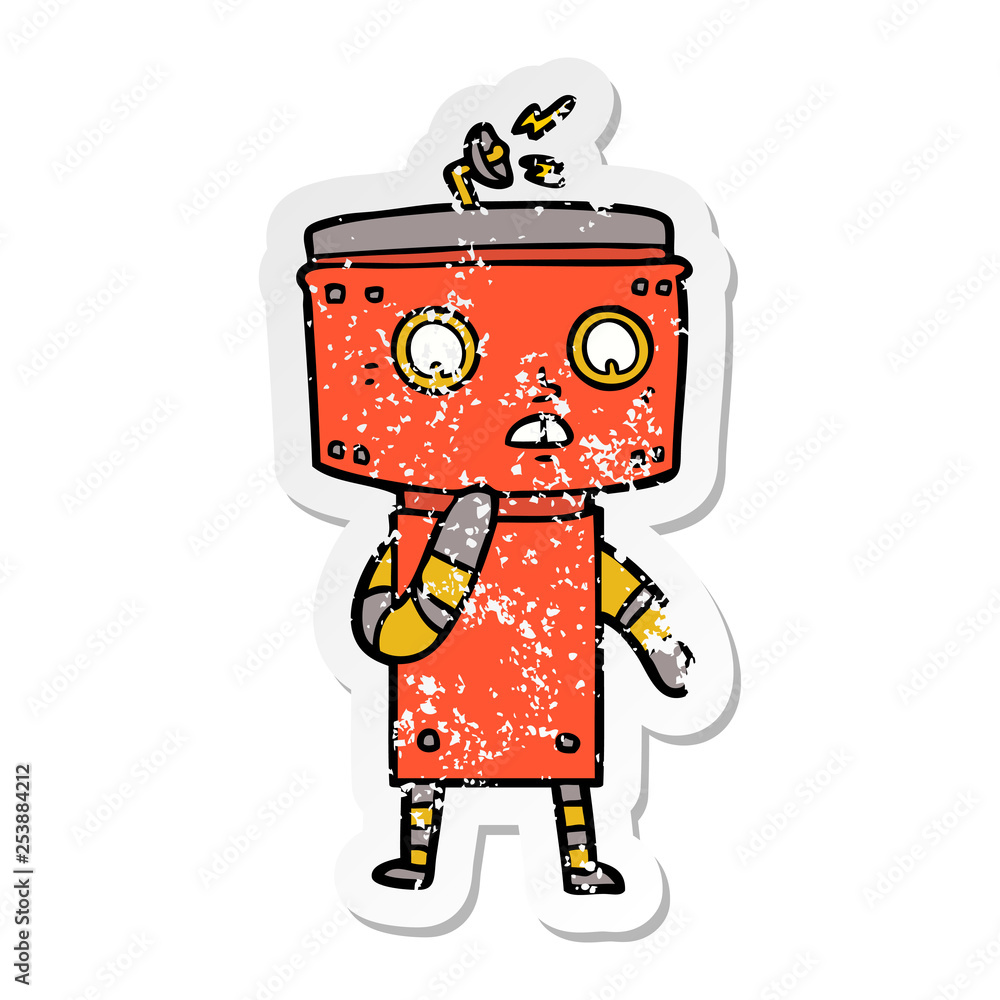 distressed sticker of a uncertain cartoon robot distressed sticker of a uncertain cartoon robot