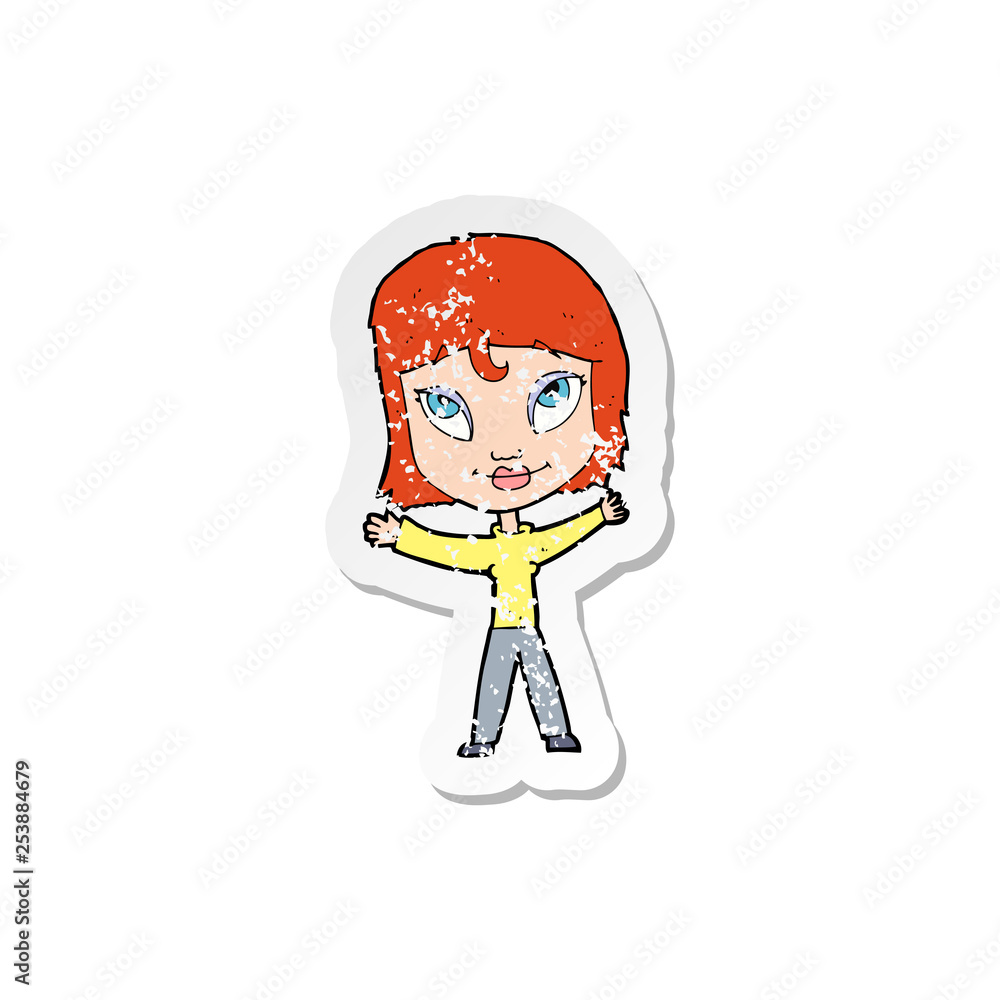 retro distressed sticker of a cartoon happy woman waving arms retro distressed sticker of a cartoon happy woman waving arms