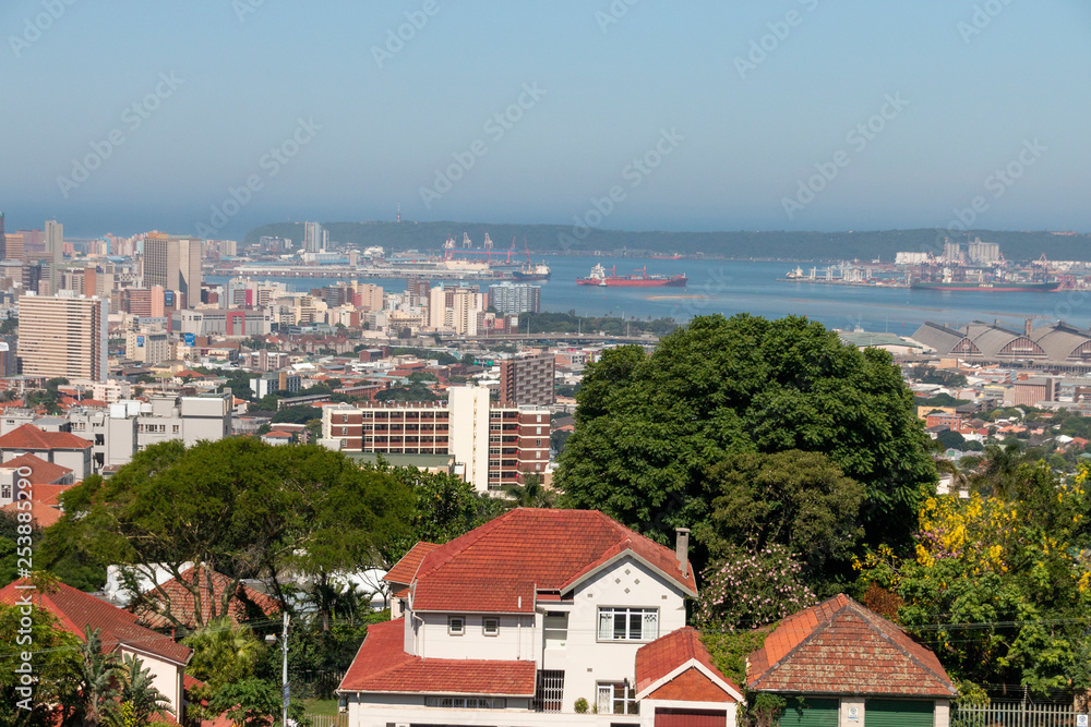 Fototapeta premium A view of the berea-westridge in Durban in kwa-zulu Natal south africa and the harbour in the distance for a fith floor building
