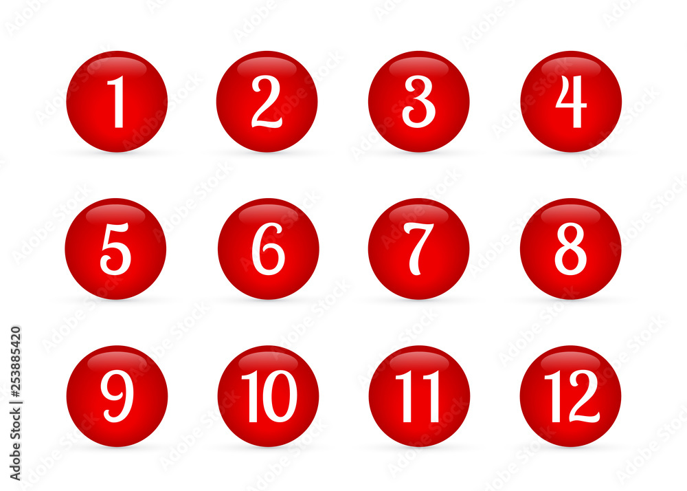 Set of glossy round buttons with numbers from 1 to 12. Red glass buttons isolated on white. Numbered badges vector icons. 3d keys for websites and mobile applications. Easy to edit template. Set of glossy round buttons with numbers from 1 to 12. Red glass buttons isolated on white. Numbered badges vector icons. 3d keys for websites and mobile applications. Easy to edit template.