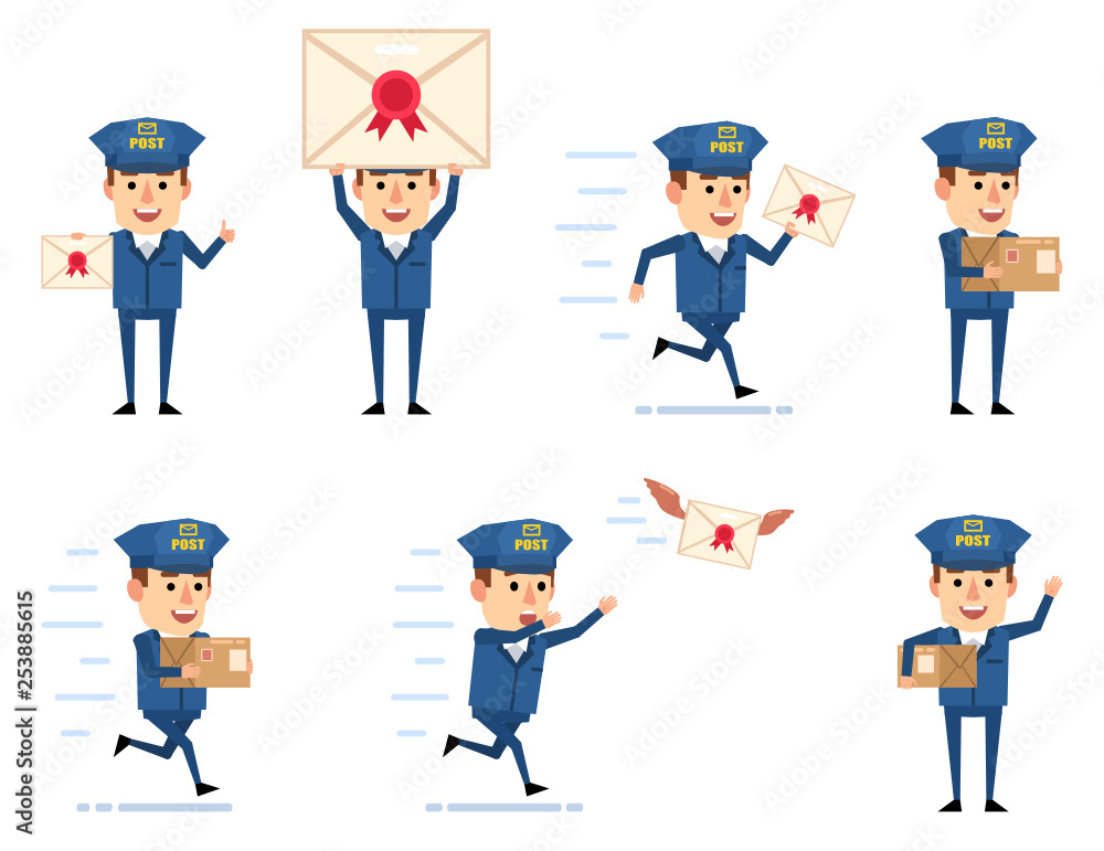 Set of funny postman characters showing diverse actions. Cheerful postman holding letter, package, running and doing other actions. Flat design vector illustration