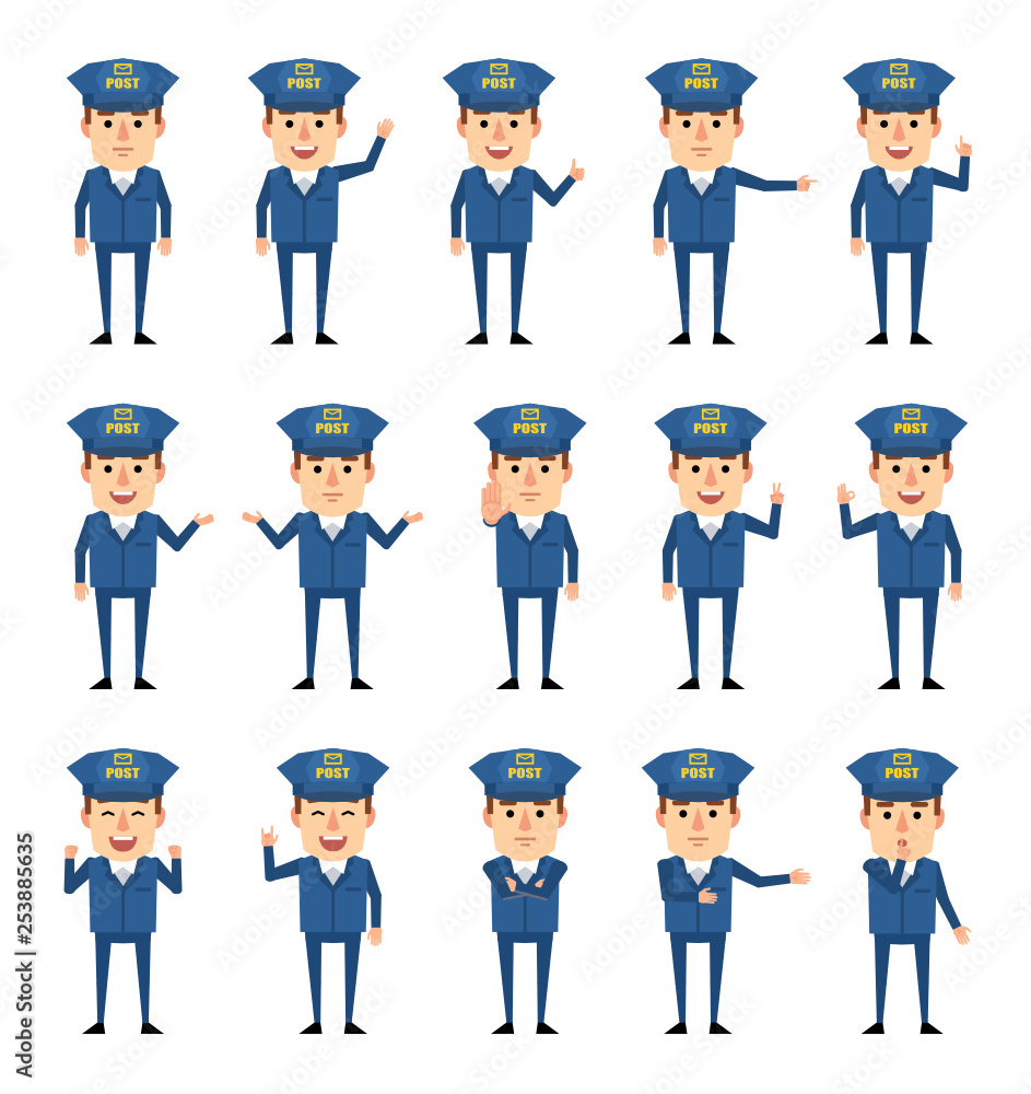 Set of postman characters showing diverse hand gestures. Funny mailman pointing, greeting, showing thumb up, victory, stop hand and other gestures. Flat design vector illustration