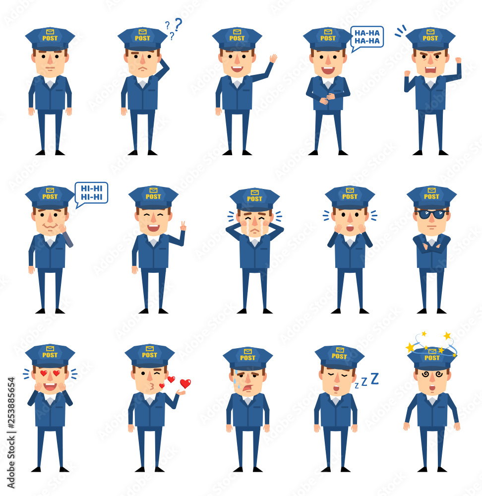 Set of postman characters showing various facial expressions. Funny mailman laughing, crying, surprised, angry, dazed, in love and showing other emotions. Flat design vector illustration