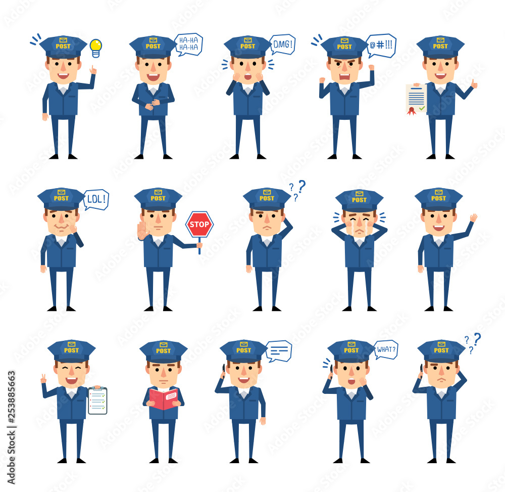 Set of postman characters showing various actions, emotions. Funny mailman talking on phone, thinking, holding stop sign, reading a book and showing other actions. Flat design vector illustration