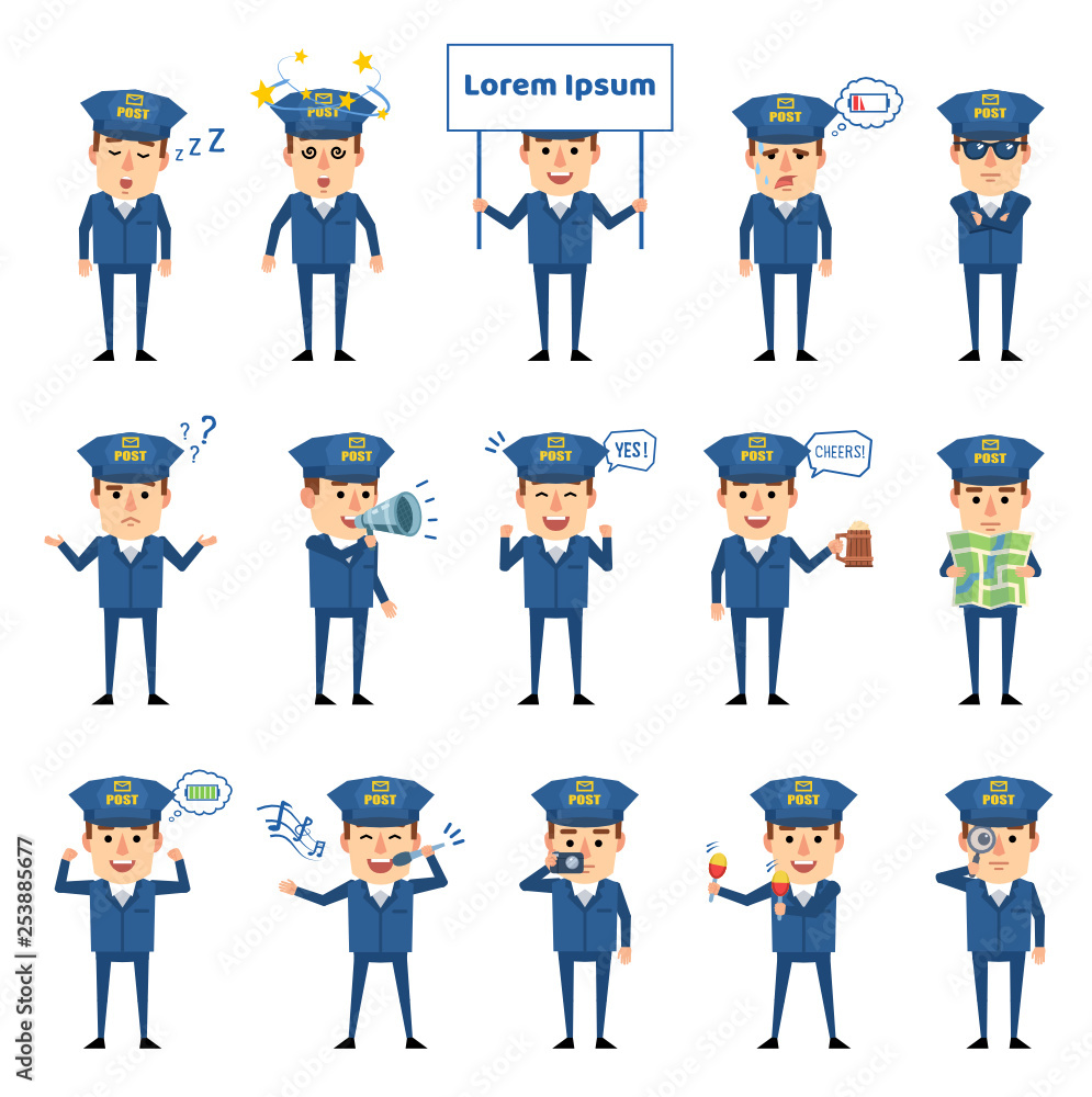 Set of postman characters showing various actions, emotions. Funny mailman sleeping, singing, holding map, loudspeaker, magnifier and showing other actions. Flat design vector illustration