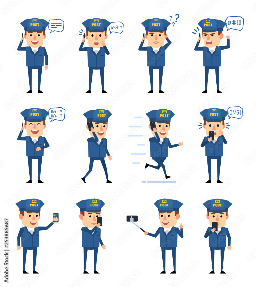 Set of postman characters with smartphone in diverse situations. Funny mailman talking on phone, running, surprised and showing other actions. Flat design vector illustration