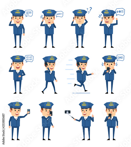 Set of postman characters with smartphone in diverse situations. Funny mailman talking on phone, running, surprised and showing other actions. Flat design vector illustration