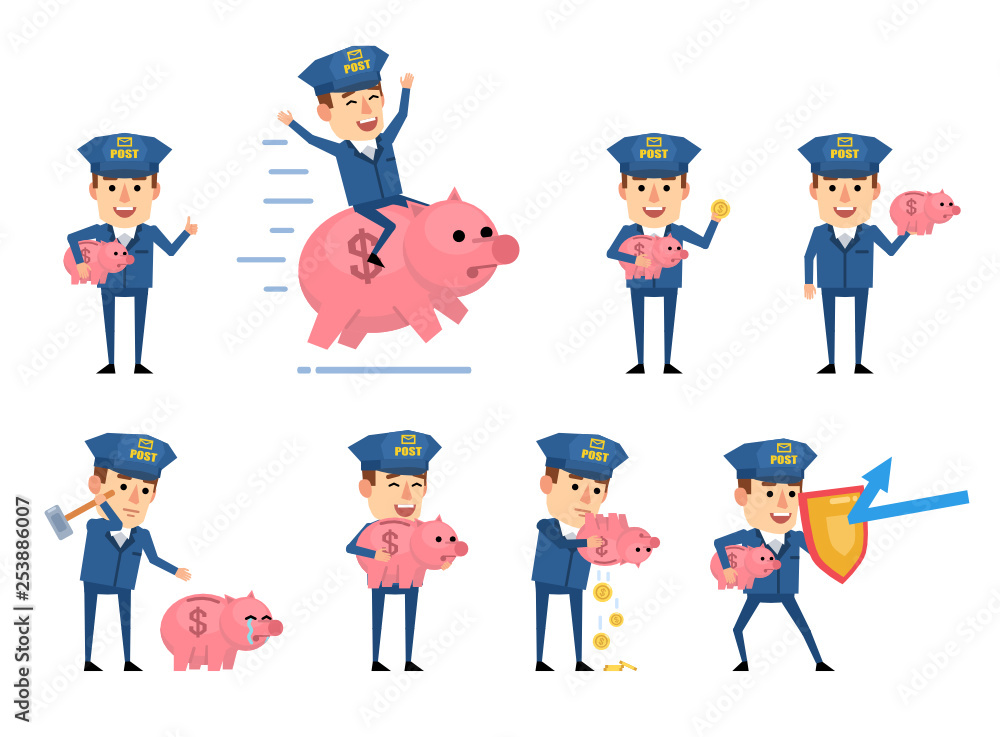 Set of cheerful mailman characters posing with piggy bank. Funny postman breaking piggy bank, saving money, riding big pig and showing other actions. Flat style vector illustration