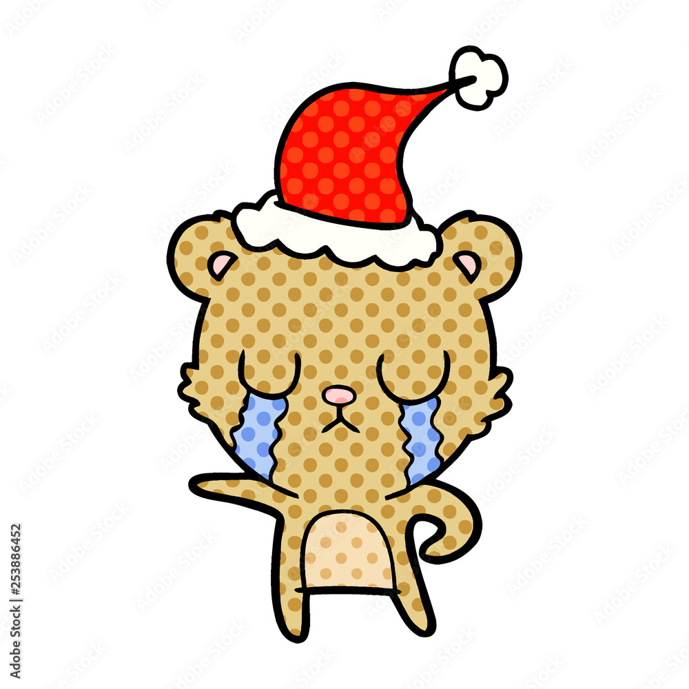 crying comic book style illustration of a bear wearing santa hat crying comic book style illustration of a bear wearing santa hat