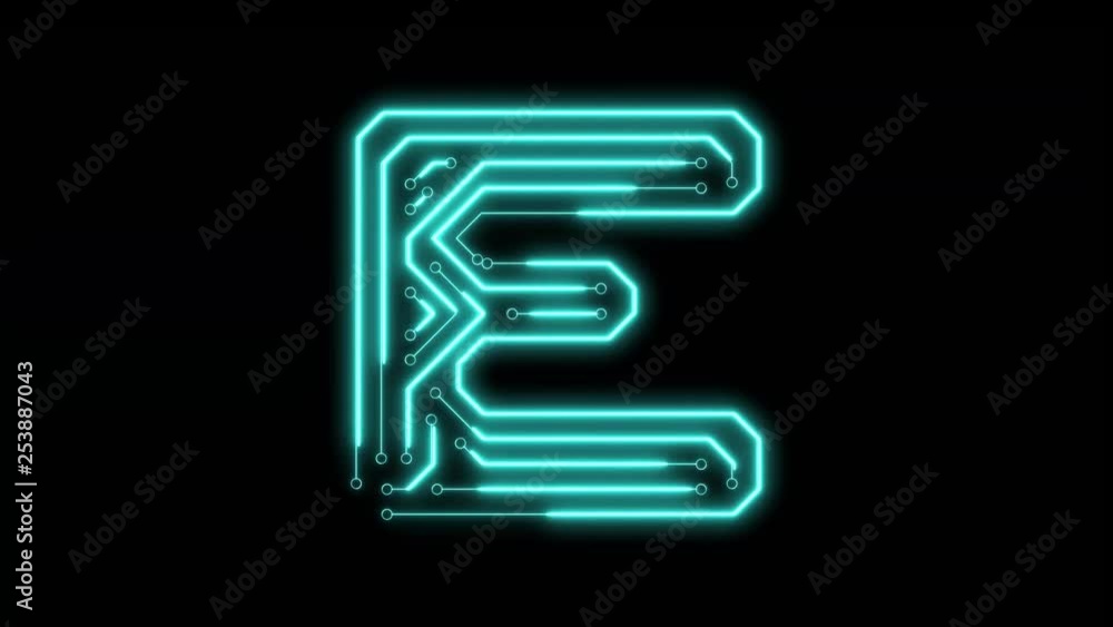 Animated blue neon glowing alphabet letter E as circuit board style Animated blue neon glowing alphabet letter E as circuit board style
