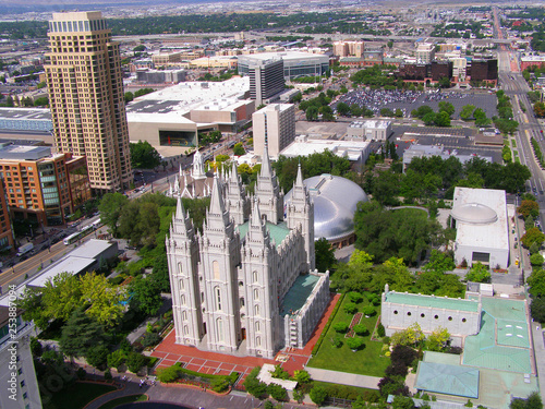 Salt Lake City skyline with mormon temple. Temple of the Church of Jesus Christ of Latter-day Saints in Salt Lake City, photo