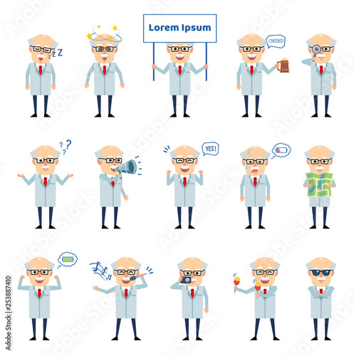 Set of old professor characters showing various actions. Cheerful professor holding map, signboard, singing and showing other actions. Flat design vector illustration
