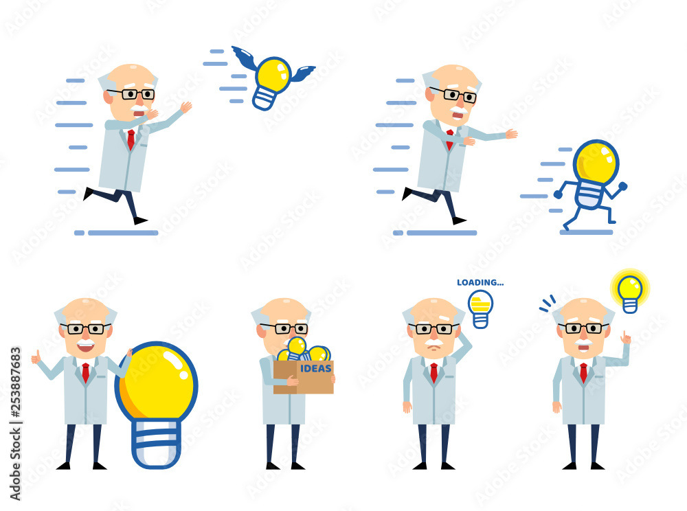 Set of old professor characters with idea light bulb posing in various situations. Cheerful scientist pointing to idea, running and showing other actions. Flat design vector illustration Set of old professor characters with idea light bulb posing in various situations. Cheerful scientist pointing to idea, running and showing other actions. Flat design vector illustration