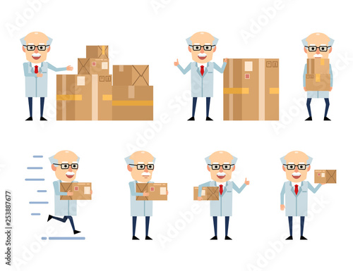 Set of old professor characters with parcel box posing in various situations. Cheerful scientist holding parcel box, running and showing other actions. Flat design vector illustration