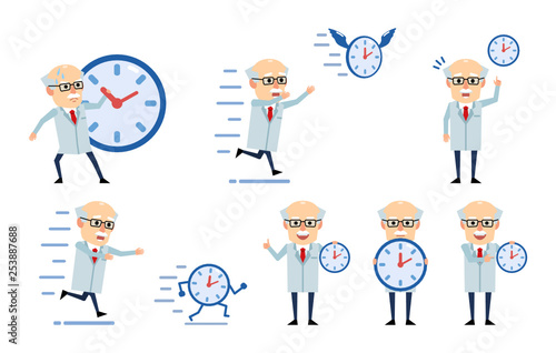 Set of old professor characters with clock posing in various situations. Cheerful scientist holding watches, trying to catch time and showing other actions. Flat design vector illustration