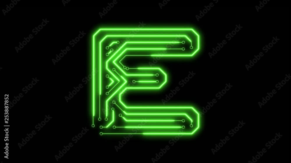 Animated green neon glowing alphabet letter E as circuit board style Animated green neon glowing alphabet letter E as circuit board style