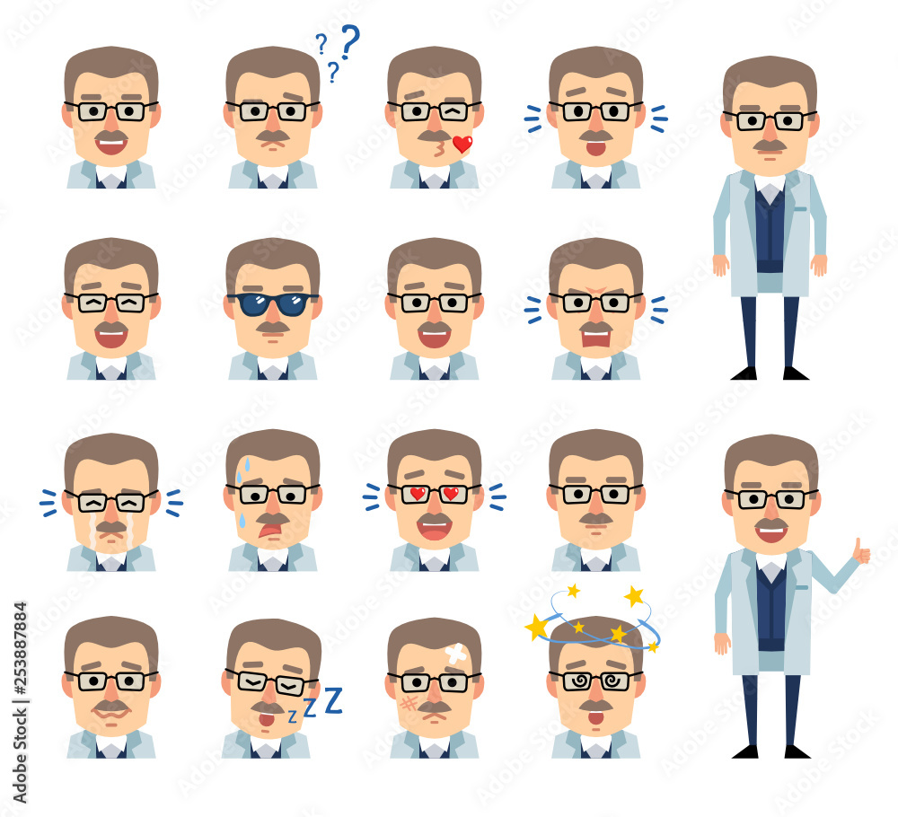 Set of professor emoticons showing various facial expressions. Happy, sad, angry, laugh, surprised, tired, in love and other emotions. Flat design vector illustration Set of professor emoticons showing various facial expressions. Happy, sad, angry, laugh, surprised, tired, in love and other emotions. Flat design vector illustration