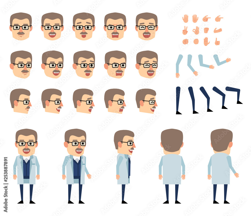 Professor in light lab coat creation set. Various gestures, emotions, diverse poses, views. Create your own pose, animation. Flat style vector illustration Professor in light lab coat creation set. Various gestures, emotions, diverse poses, views. Create your own pose, animation. Flat style vector illustration