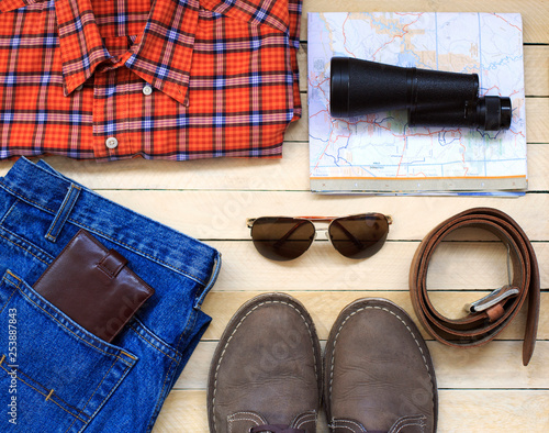 Men's casual outfits with man clothing, travel preparations and accessories