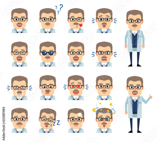Set of professor emoticons showing various facial expressions. Happy, sad, angry, laugh, surprised, tired, in love and other emotions. Flat design vector illustration