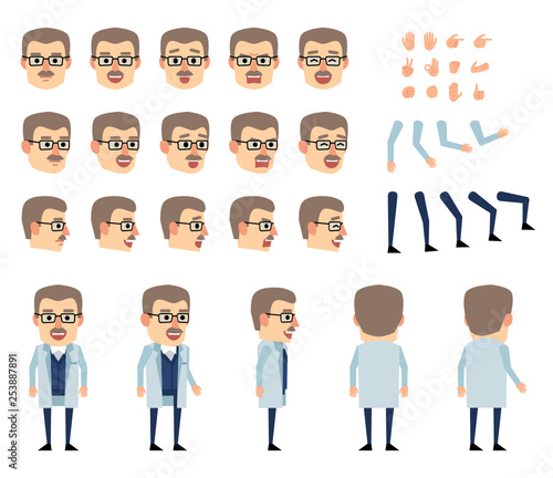 Professor in light lab coat creation set. Various gestures, emotions, diverse poses, views. Create your own pose, animation. Flat style vector illustration