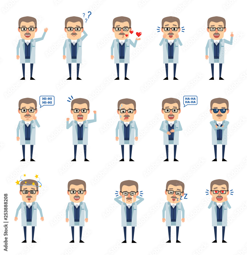 Set of old professor character showing various emotions. Cheerful scientist laughing, crying, angry, tired and showing other emotions. Flat design vector illustration