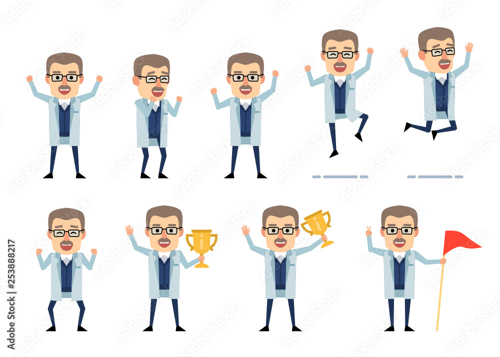 Set of old professor characters showing various success poses. Cheerful scientist celebrating, jumping, holding winners cup and showing other actions. Flat design vector illustration