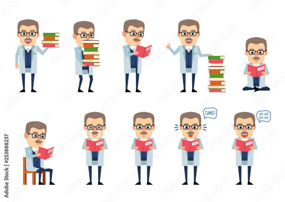 Set of old professor characters with book showing various actions. Cheerful scientist reading book, laughing, crying, surprised and showing other actions. Flat design vector illustration