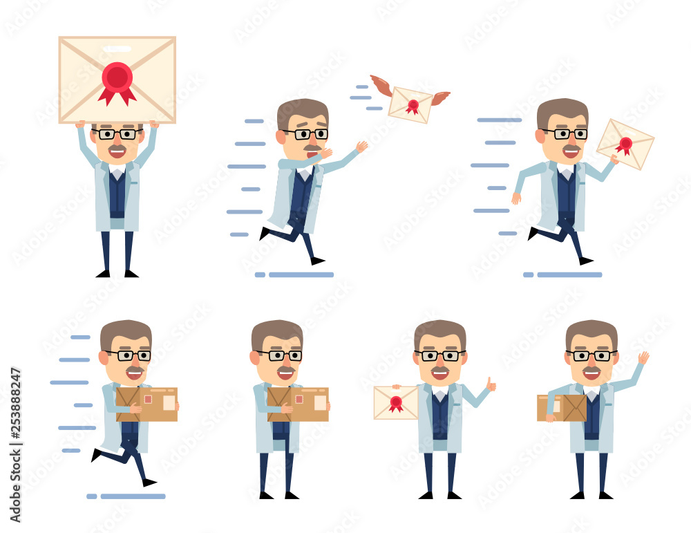 Set of old professor characters posing with mail in various situations. Cheerful scientist holding letter, parcel, running and showing other actions. Flat design vector illustration Set of old professor characters posing with mail in various situations. Cheerful scientist holding letter, parcel, running and showing other actions. Flat design vector illustration