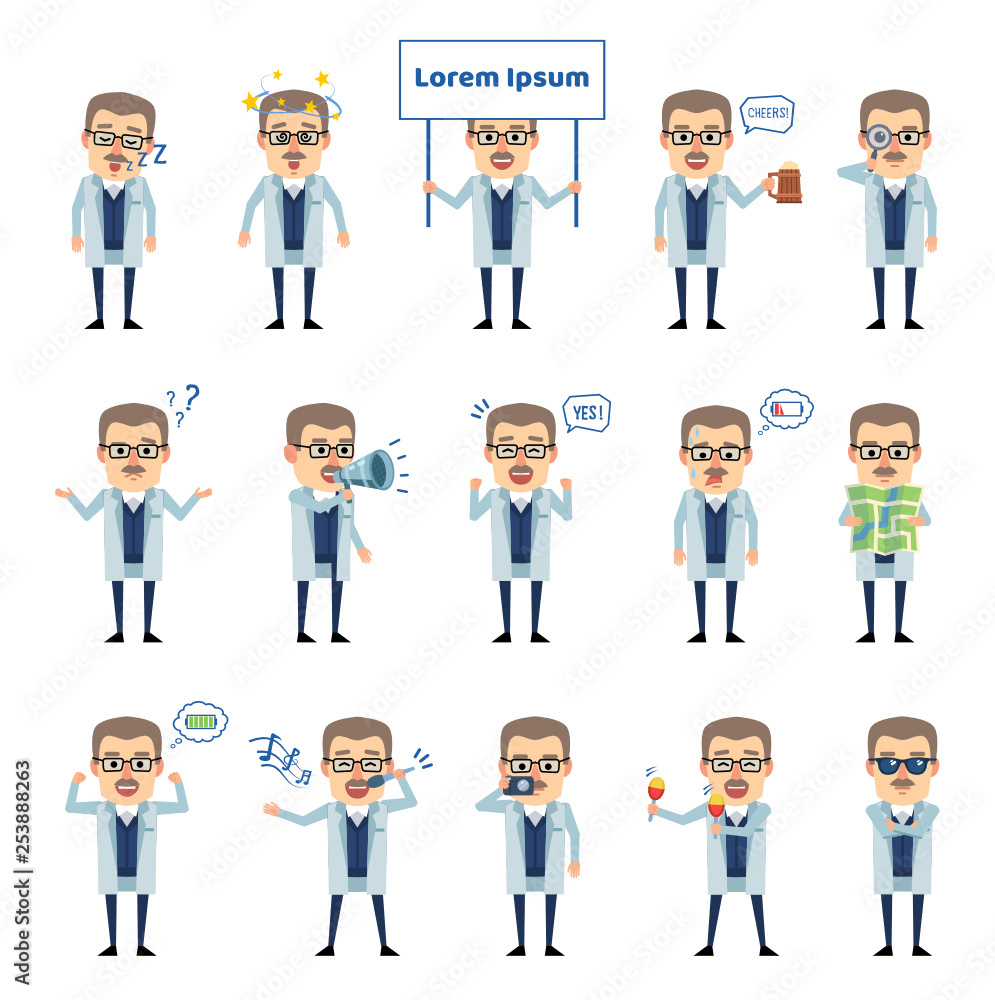 Set of old professor characters showing various actions. Cheerful professor holding map, signboard, singing and showing other actions. Flat design vector illustration Set of old professor characters showing various actions. Cheerful professor holding map, signboard, singing and showing other actions. Flat design vector illustration