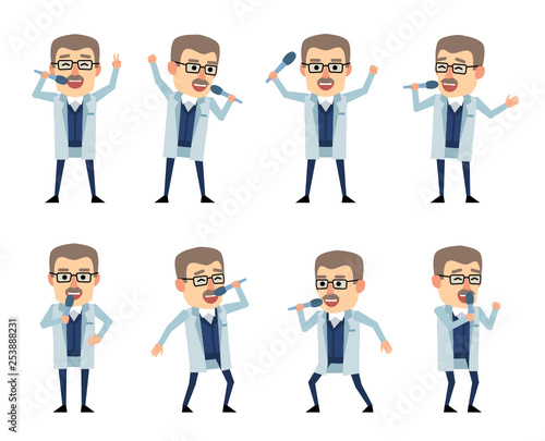 Set of old professor characters with microphone showing various actions. Cheerful scientist singing. Flat design vector illustration