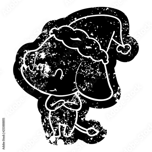 cute cartoon distressed icon of a elephant wearing santa hat