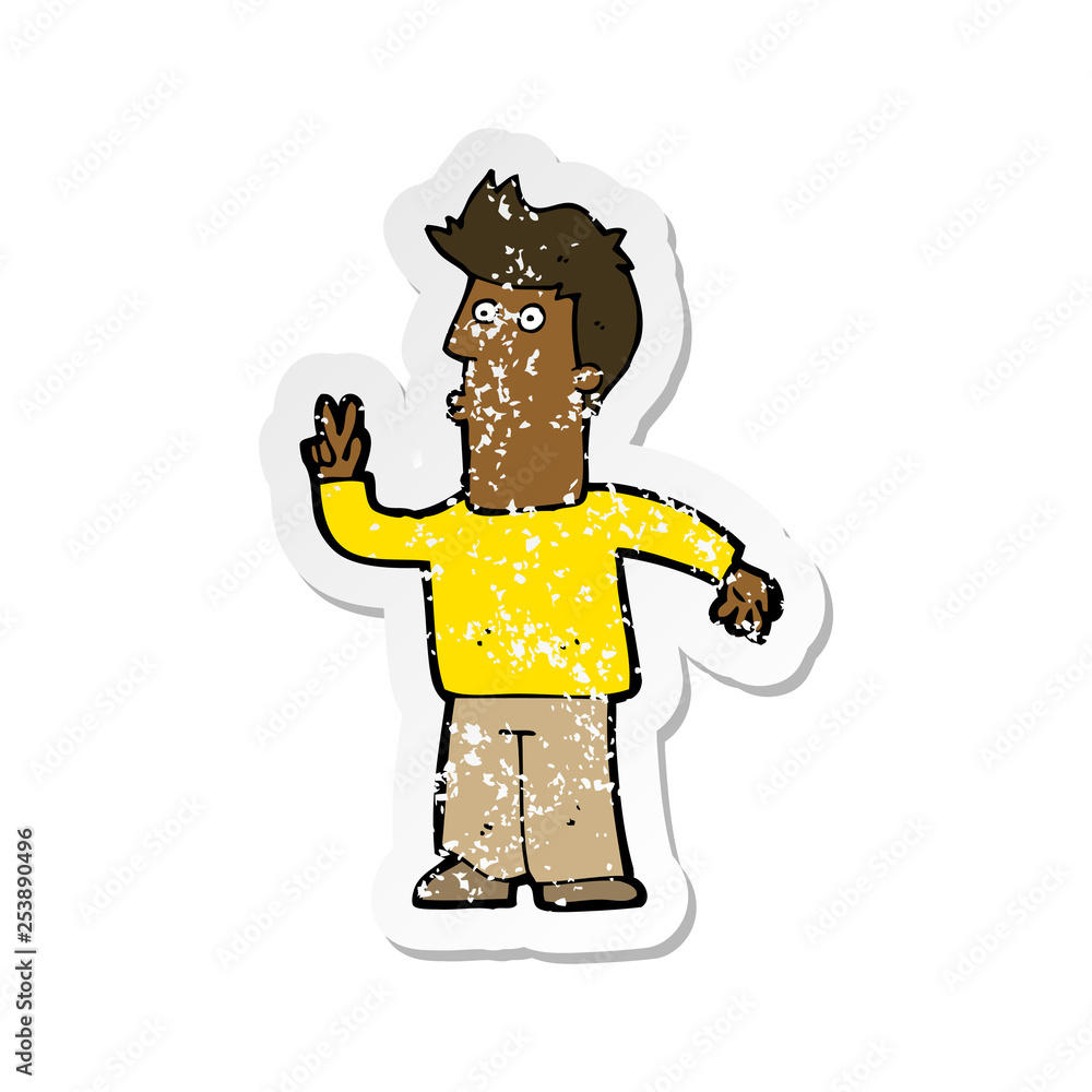 retro distressed sticker of a cartoon man giving peace sign retro distressed sticker of a cartoon man giving peace sign