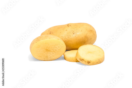 Potato isolated cut raw vegetables on whit background.