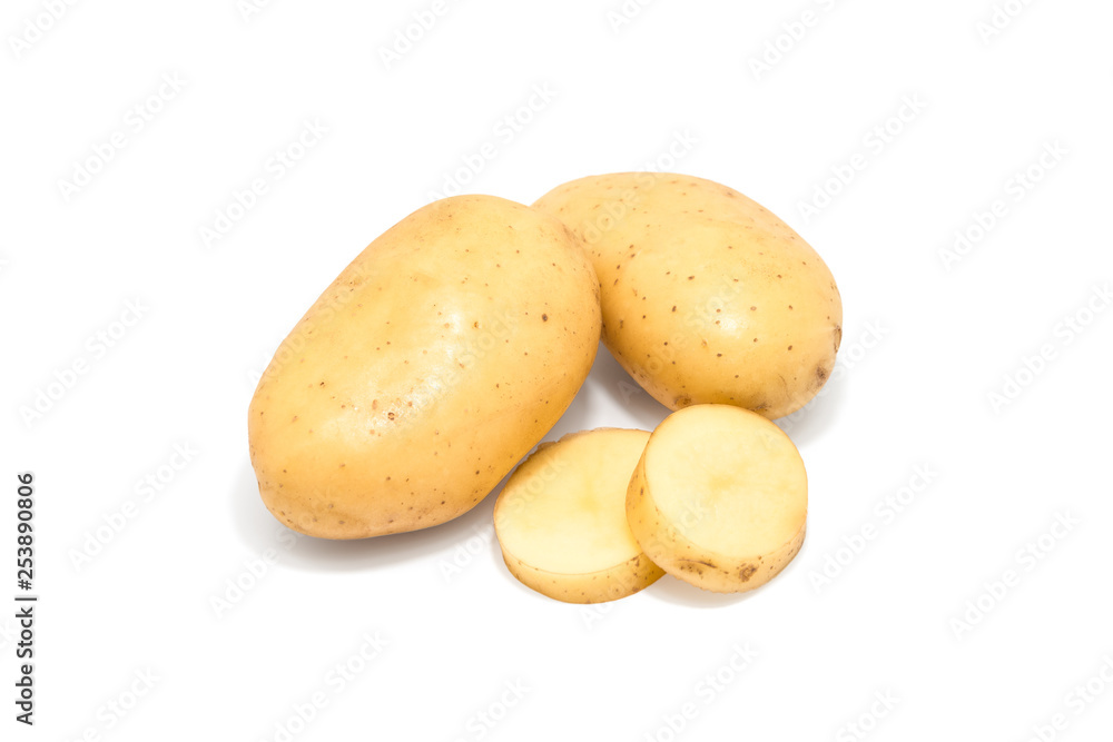 Potato isolated cut raw vegetables on whit background. Potato isolated cut raw vegetables on whit background.