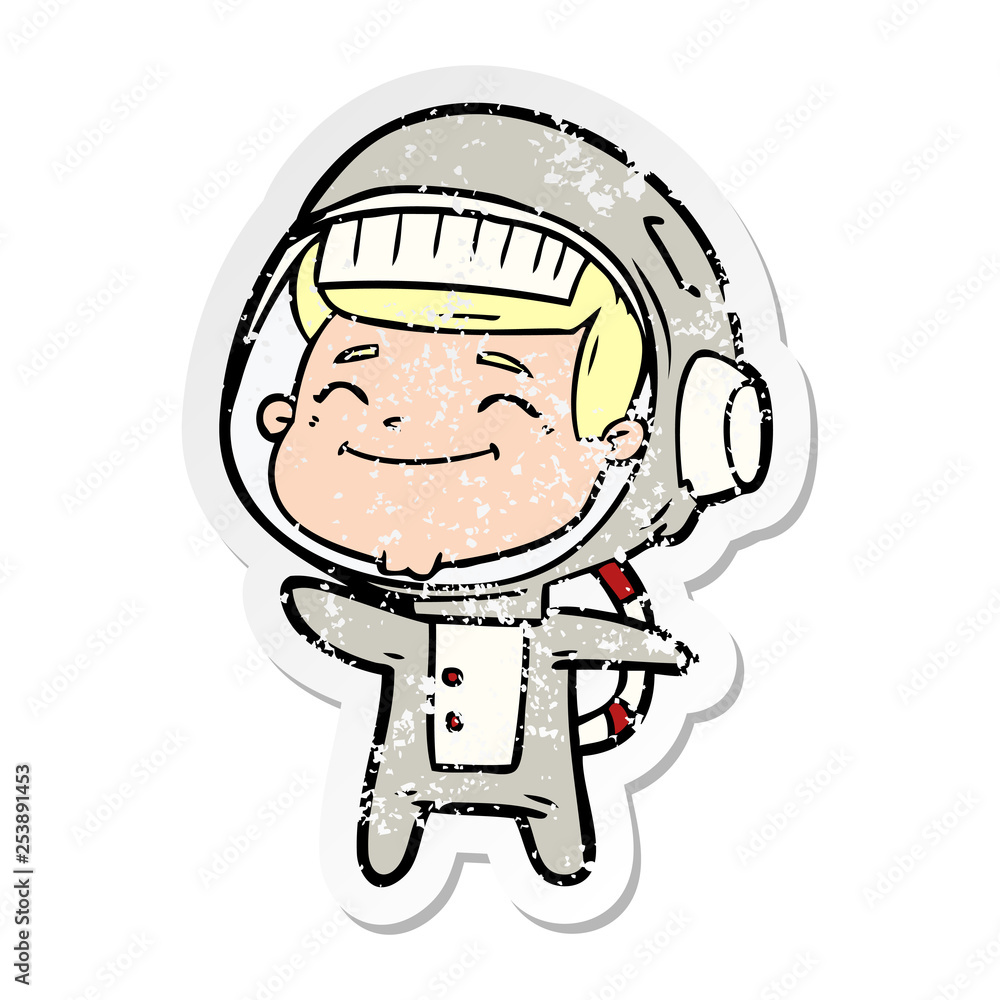 distressed sticker of a happy cartoon astronaut