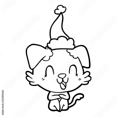 laughing line drawing of a dog wearing santa hat