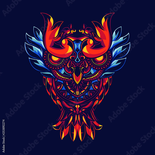 Illustration of owls with mandala ornaments. With background sacred geometry. Has a combination of gold and blue lights