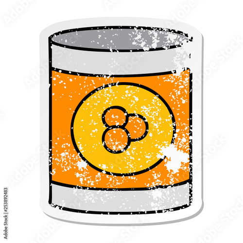 distressed sticker cartoon doodle of a can of peaches