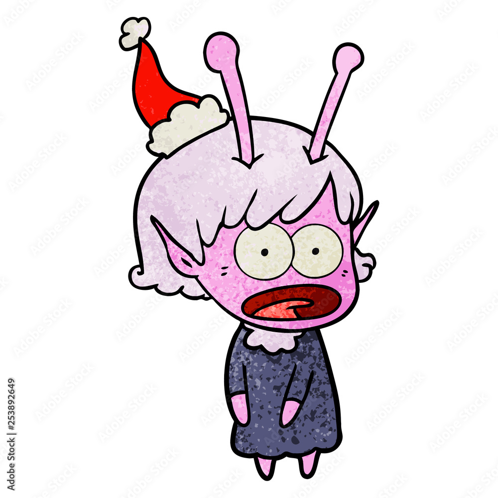 textured cartoon of a shocked alien girl wearing santa hat textured cartoon of a shocked alien girl wearing santa hat