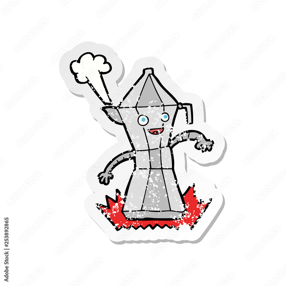 retro distressed sticker of a cartoon coffee pot retro distressed sticker of a cartoon coffee pot