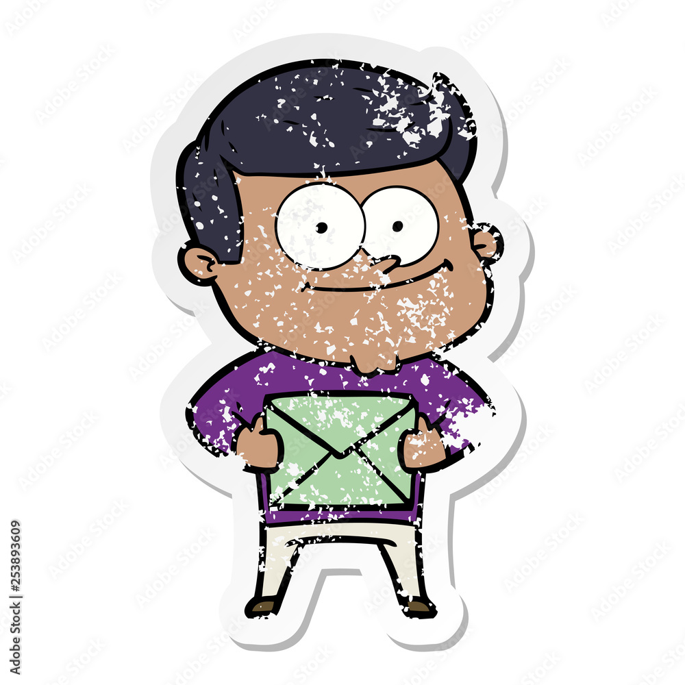 distressed sticker of a cartoon happy man holding letter distressed sticker of a cartoon happy man holding letter