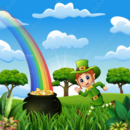 Cartoon leprechaun girl running near a pot of gold
